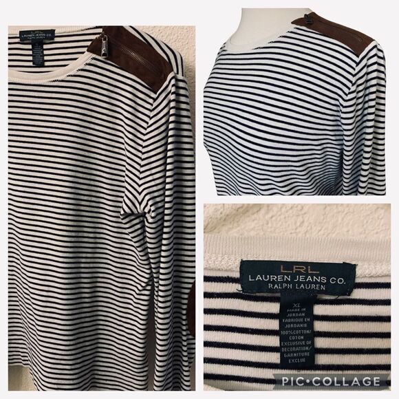 Lauren Ralph Lauren Black & White Stripe Long Sleeved Top Suede Patch’s size XL - Picture 1 of 6